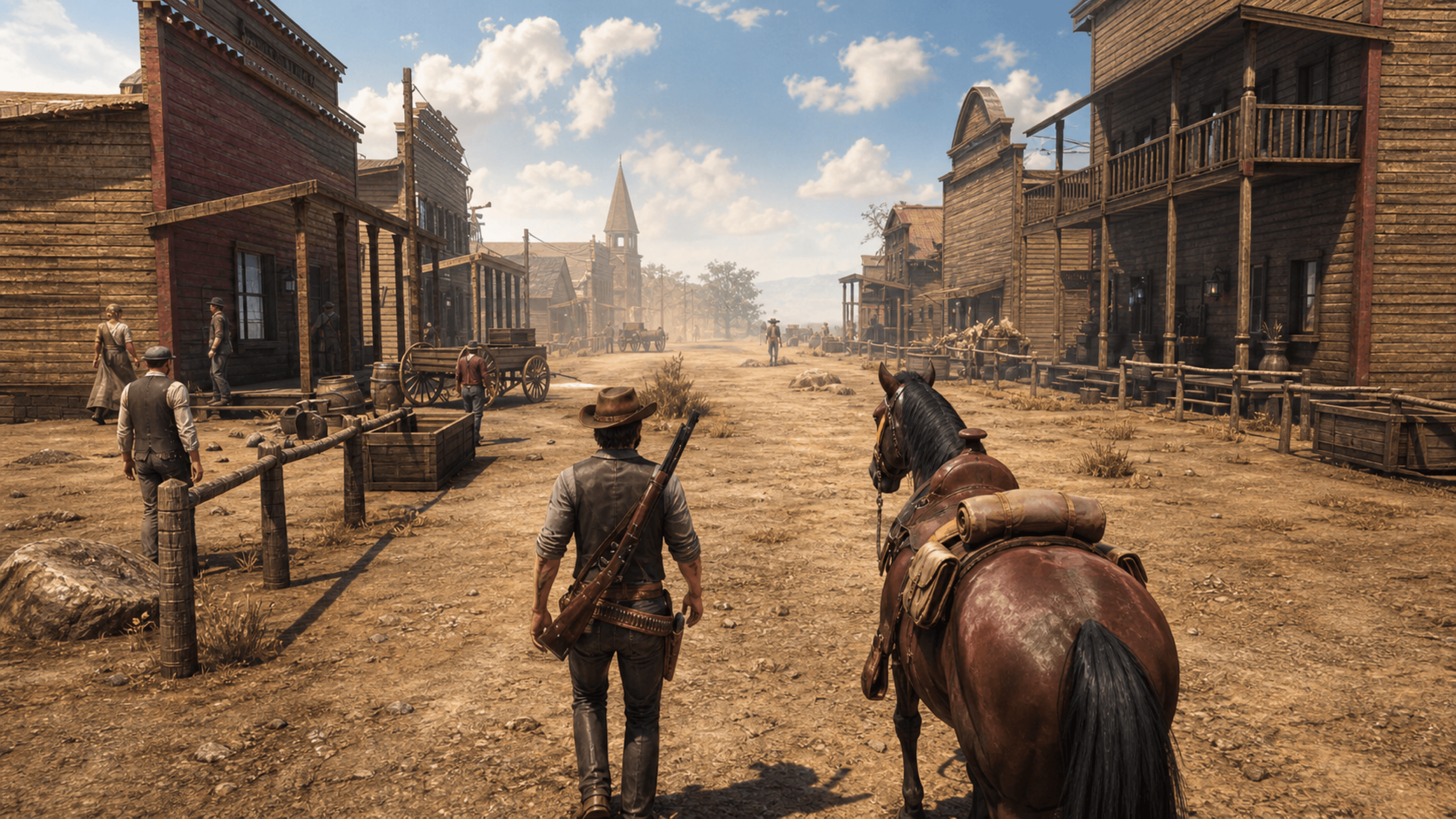 Western frontier town with a player character and saddled horse in Red Sands v1