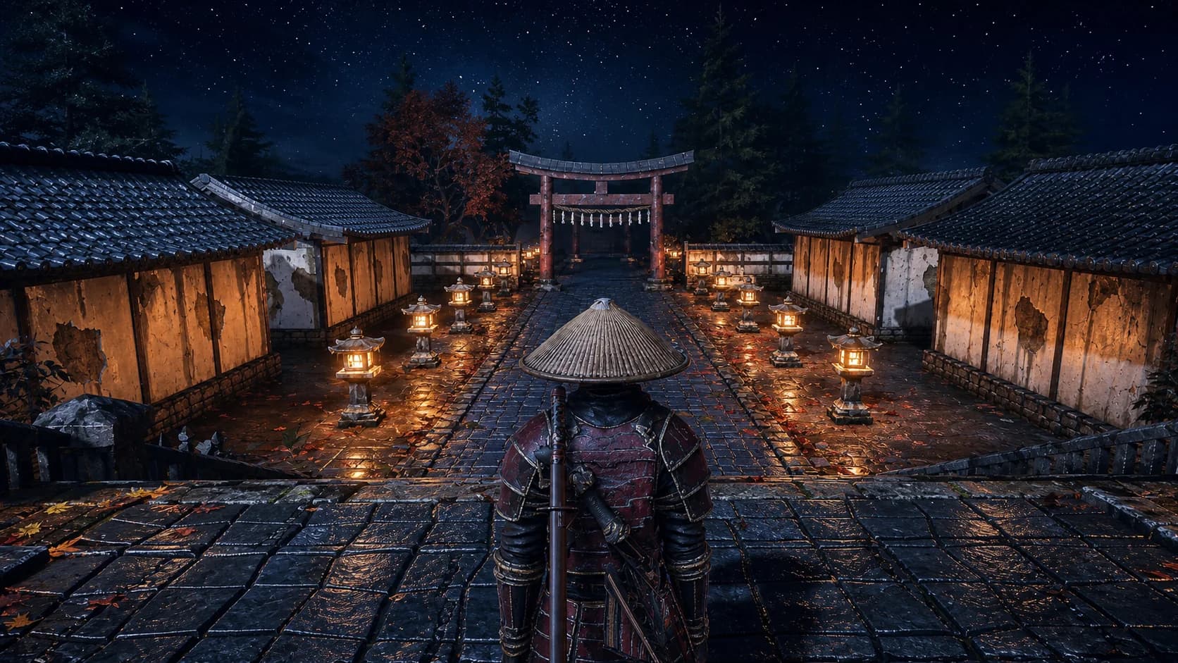Elevated night view over the Shrine Exploration courtyard with a samurai