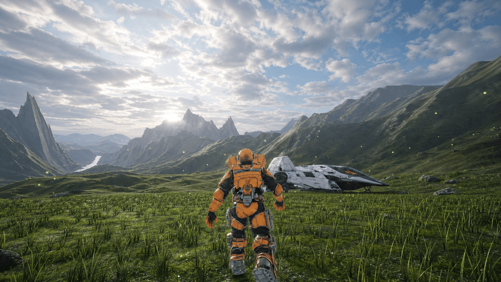 Astronaut approaching a landed spacecraft in the Space Flight v2 collection